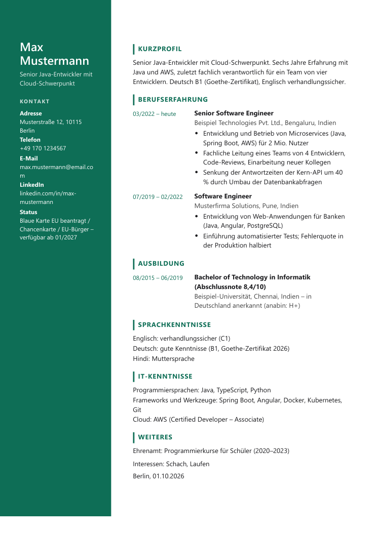 Example of a German CV (Lebenslauf) made with this template: personal details, short profile, work experience, education, languages and skills